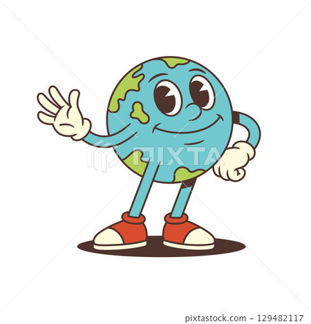 Cheerful Earth Mascot Waving With Smile And Confident Pose Colorful Cartoon Planet Vector Illustration Cheerful Earth Mascot Waving With Smile And Confident Pose Colorful Cartoon Planet Vector Illustration 129482117