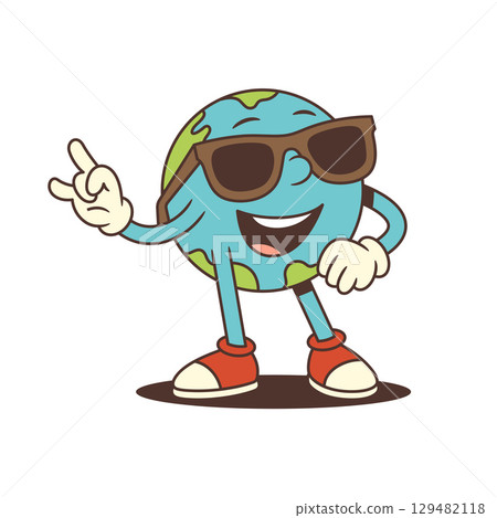 Cool Earth Mascot Wearing Sunglasses With Upward Gesture And Fun Cartoon Pose Vector Illustration 129482118