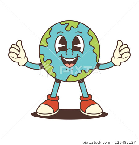 Cheerful Playful Cartoon Earth Mascot With Thumbs Up Wearing Red Sneakers Vector Illustration 129482127