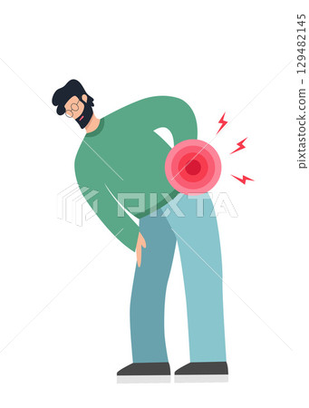 Man holding hand on lumbar spine, lower back pain. 129482145