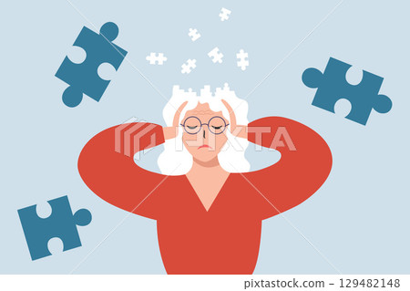Frustrated elderly woman suffers from migraine, memory loss, dementia. 129482148