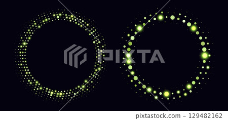 Green halftone frames, glowing circle borders, round pattern with dots, radial disco luxury design element. Green halftone frames, glowing circle borders, round pattern with dots, radial disco luxury design element. 129482162