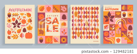 Set bright Autumn cards for greeting autumn,sales or fall festival. Vertical banners with fall leaves,geometric patterns.Fall themed covers.Template for design,print,flyers,social media,web,ads.Vector Set bright Autumn cards for greeting autumn,sales or fall festival. Vertical banners with fall leaves,geometric patterns.Fall themed covers.Template for design,print,flyers,social media,web,ads.Vector 129482181