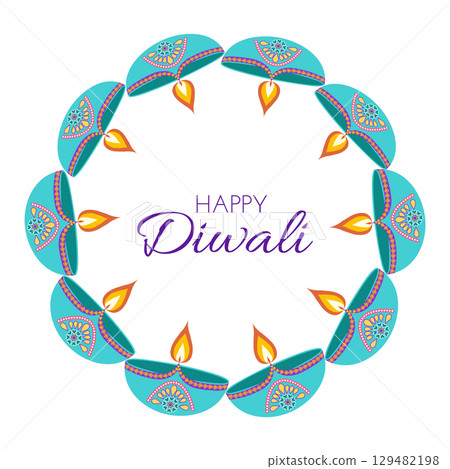 Diwali celebration elements frame with diyas and text in flat style. Deepavali vector illustration for print and online projects Diwali celebration elements frame with diyas and text in flat style. Deepavali vector illustration for print and online projects 129482198