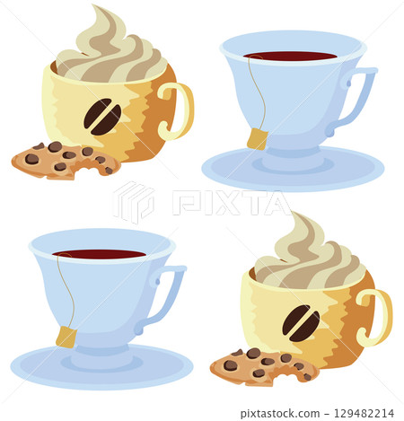 Chay i kofe v chashkakh i pechen'ye. Besshovnyy pattern. Vektornaya illyustratsiya. 72 / 5 000 Tea and coffee in cups and cookies. Seamless pattern. Vector illustration. 129482214