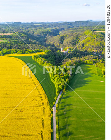 Spring brings vibrant fields in Kokorinsko area, showcasing lush greenery and vibrant colors, with the historic Kokorin Castle majestically situated in the background, surrounded by nature. 129482220