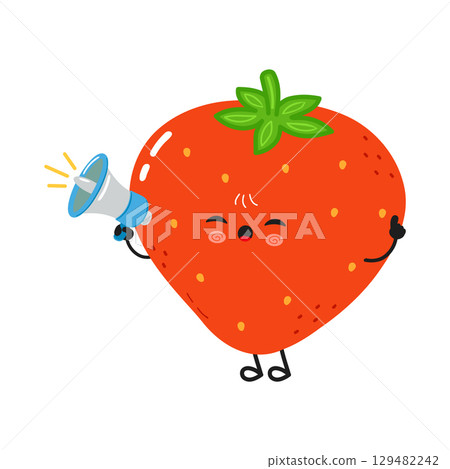 A cartoon strawberry excitedly announces a message using a megaphone on a white background. 129482242