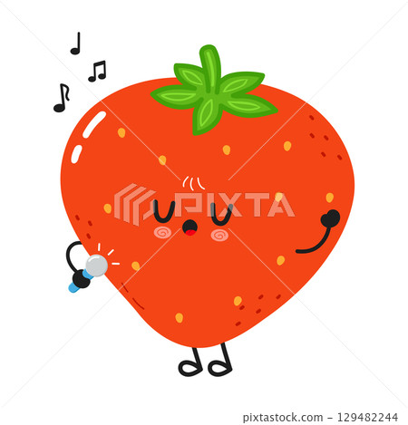 A happy cartoon strawberry singing with a microphone and musical notes. 129482244
