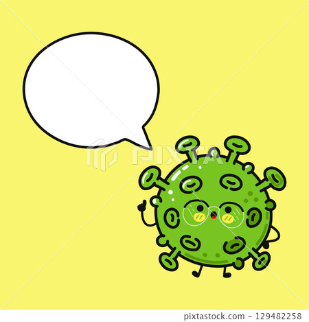 A charming cartoon virus character with a speech bubble on a yellow background. 129482258