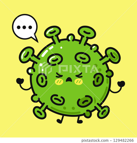 This illustration shows a cartoon virus with a worried expression, set against a bright yellow backdrop. 129482266