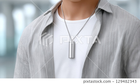 Wearable Air Purifier Necklace on Stylish Commuter in Modern Urban Lifestyle 129482343