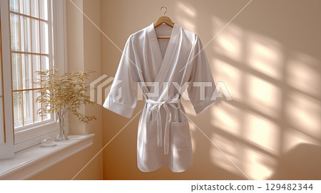 Shoji Window Shadows on Folded Hospital Gown Serene Japanese Healing Atmosphere 129482344