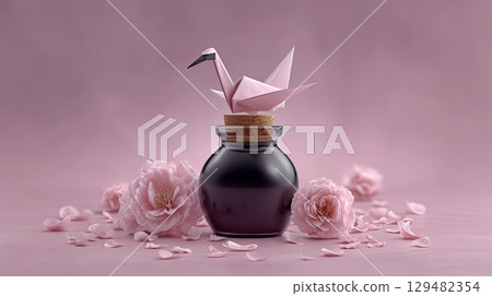 Elegant pink origami crane atop a glass jar with flowers and petals 129482354