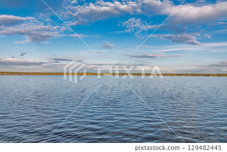 Blue lake with cloudy sky, natural background 129482445