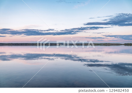 Blue lake with cloudy sky, natural background 129482450