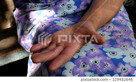 Aged wrinkled skin palm of hand closeup 129482646