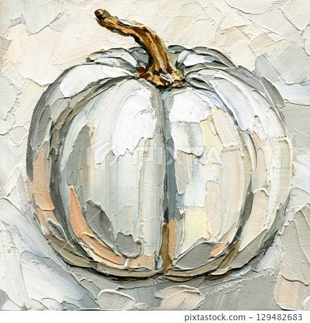 White pumpkin autumn harvest impasto oil painting on textured canvas. Seasonal harvest design for greeting or poster 129482683