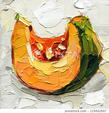 Pumpkin slice autumn harvest impasto oil painting on textured canvas. Drawings for poster, card or fall background, abstract art 129482687