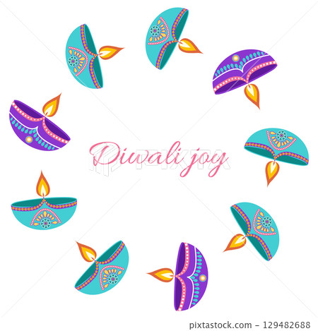 Festive Diwali celebration frame with diyas and text in flat style. Deepavali vector illustration for banners, posters and social media 129482688