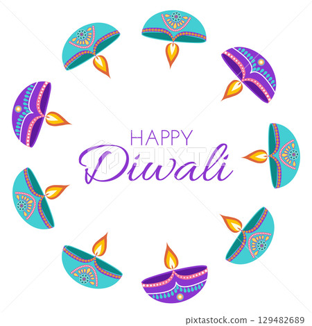 Diwali celebration elements frame with diyas and text in flat style. Deepavali vector illustration for print and online projects 129482689