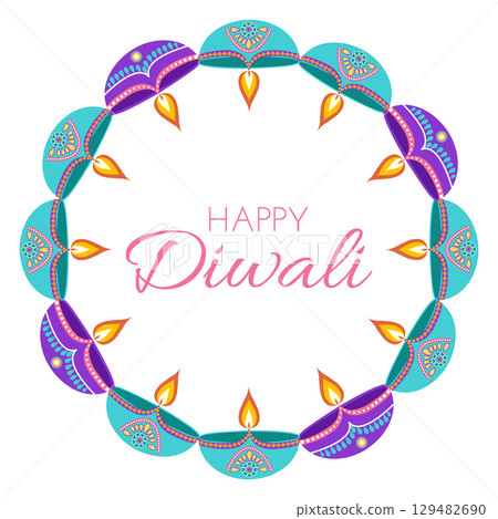 Diwali festival vector frame including diyas and text in flat style. Deepavali vector illustration for digital and print projects Diwali festival vector frame including diyas and text in flat style. Deepavali vector illustration for digital and print projects 129482690