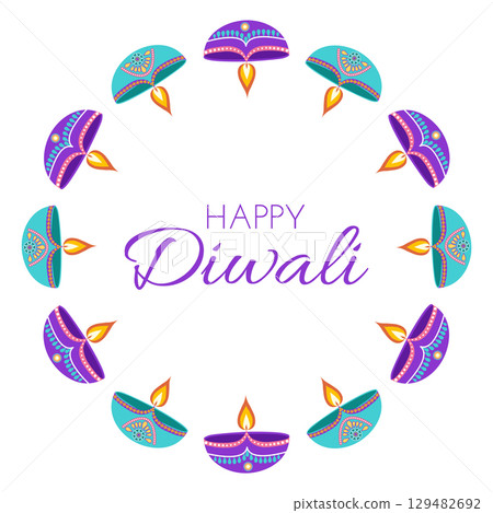 Festive Diwali celebration frame with diyas and text in flat style. Deepavali vector illustration for banners, posters and social media Festive Diwali celebration frame with diyas and text in flat style. Deepavali vector illustration for banners, posters and social media 129482692