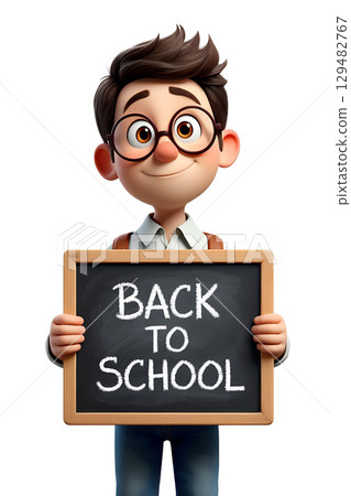 3d cartoon schoolboy holding 'back to school' sign, cheerful kid in uniform isolated on transparent background 129482767
