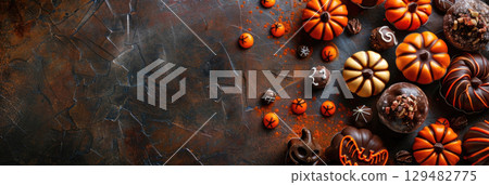 Playful Halloween sugar cookies and children's party treats arranged in flat lay on dark surface. Horizontal banner design with festive pumpkins and free space for text 129482775