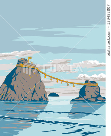 Meoto Iwa Rocks in Ise-Shima National Park Japan Ukiyo-e Retro WPA 129482807