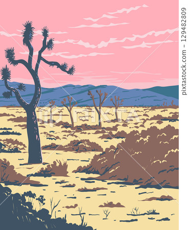 Joshua Trees in Mojave Desert California WPA Poster Art 129482809