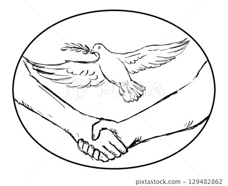 Handshake and Dove With Olive Branch Drawing Handshake and Dove With Olive Branch Drawing 129482862