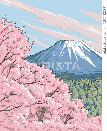 Mount Daisen in Daisen-Oki National Park Ukiyo-e Retro Woodblock WPA Mount Daisen in Daisen-Oki National Park Ukiyo-e Retro Woodblock WPA 129482874