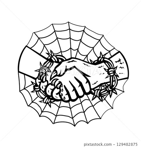 Man and Devil Handshake With Barbed Wire and Cobweb Retro 129482875