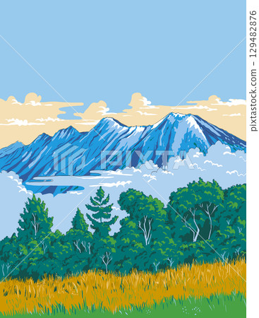 Minami Alps National Park in Japan Ukiyo-e Retro Woodblock Style 129482876