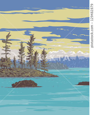Rainy Lake in Voyageurs National Park Minnesota WPA Ukiyo-e Style Rainy Lake in Voyageurs National Park Minnesota WPA Ukiyo-e Style 129482879