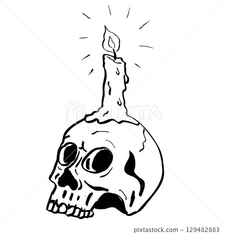 Skull With Lit Lighted Candle Drawing 129482883