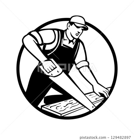Handyman Carpenter or Construction Worker Sawing Wood Retro Circle 129482897