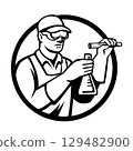 Chemist Scientist Researcher Pouring Chemical into Flask Retro Woodcut 129482900