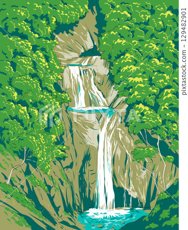 Nanatsugama Falls in Chichibu-Tama-Kai National Park Japan Ukiyo-e Woodblock 129482901