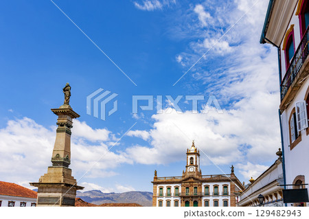 Historic facades and a statue of Tiradentes 129482943