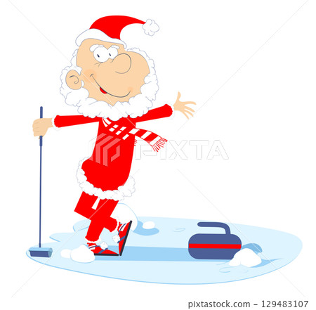 Cartoon Santa Claus plays curling. Winter sport. Santa Claus on the curling rink	 129483107