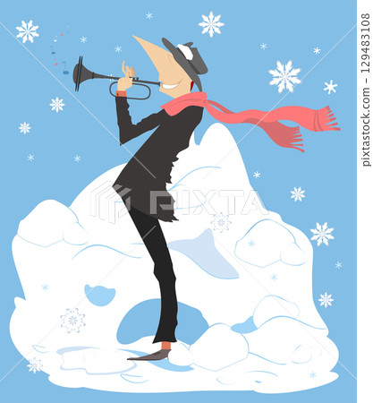 Winter. Snow. Man playing trumpet. Winter concert. Snowflakes. Smiling musician playing trumpet with inspiration	 129483108