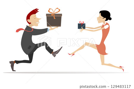 Man and woman with gift boxes run towards one another. Holiday. Happy man and woman hurry to give gifts one another. Isolated on white illustration 129483117