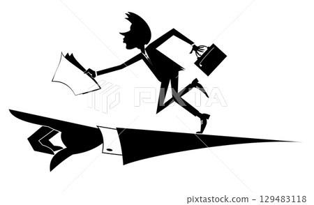Running businessman and hand points the direction to go. Hand points the direction where to go to a business woman with bag and papers. Black and white 129483118