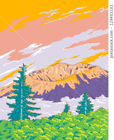 Mount Bandai in Bandai-Asahi National Park Japan Ukiyo-e Retro Woodblock 129483181