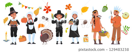 Cute thanksgiving kids characters in traditional festive costume with decorative holiday attributes 129483238