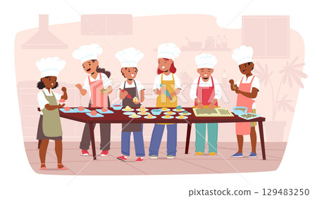 Happy children in chef apron and hat baking biscuits enjoying cooking party festival cartoon scene Happy children in chef apron and hat baking biscuits enjoying cooking party festival cartoon scene 129483250