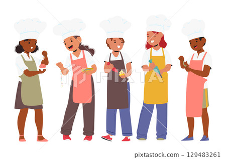 Happy cheerful children cartoon characters in uniform enjoying pastry cooking learning baking 129483261