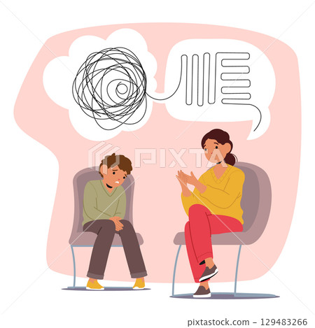 Professional woman psychologist helping frustrated boy child to overcome troubles cartoon scene Professional woman psychologist helping frustrated boy child to overcome troubles cartoon scene 129483266