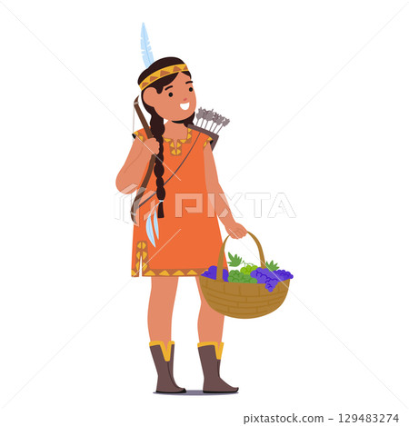 Cute little girl child wearing thanksgiving Indian costume carrying basket full of fruits harvest 129483274
